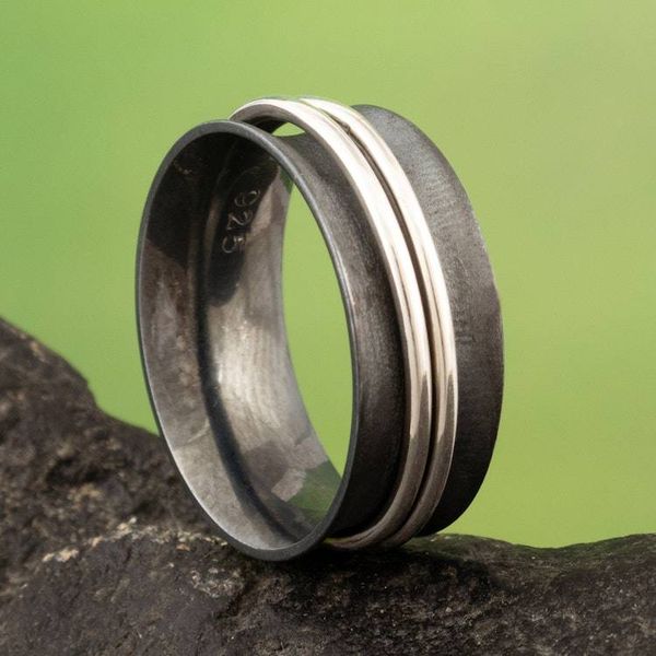 Alternate image for Dark-Toned Meditation Ring with Shiny Sterling Silver Hoops Glance at the Eclipse