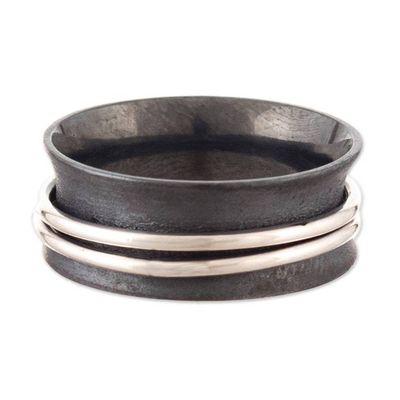 Alternate image for Dark-Toned Meditation Ring with Shiny Sterling Silver Hoops Glance at the Eclipse