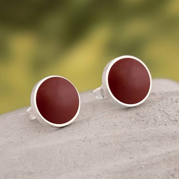 Alternate image for Round Silver Button Earrings with Natural Jasper Gemstones Classic Crimson