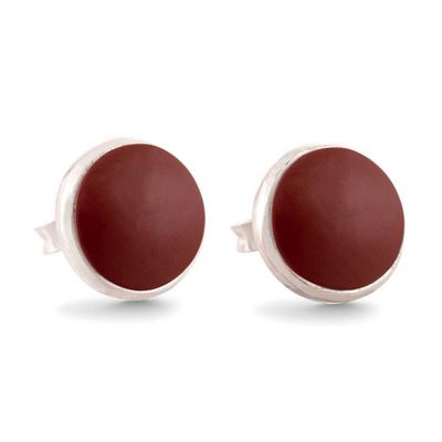 Alternate image for Round Silver Button Earrings with Natural Jasper Gemstones Classic Crimson