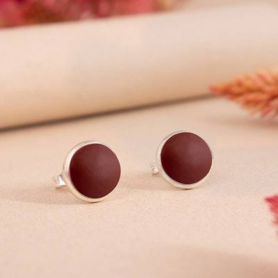 Alternate image for Round Silver Button Earrings with Natural Jasper Gemstones Classic Crimson
