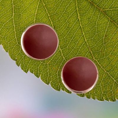 Alternate image for Round Silver Button Earrings with Natural Jasper Gemstones Classic Crimson
