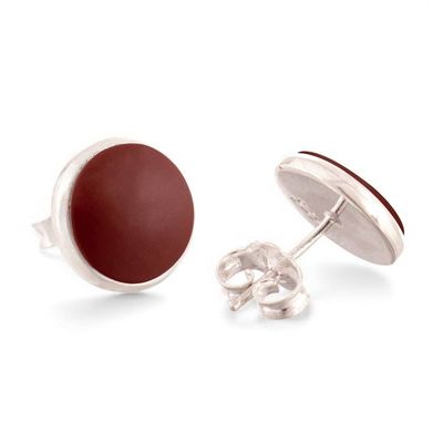 Alternate image for Round Silver Button Earrings with Natural Jasper Gemstones Classic Crimson