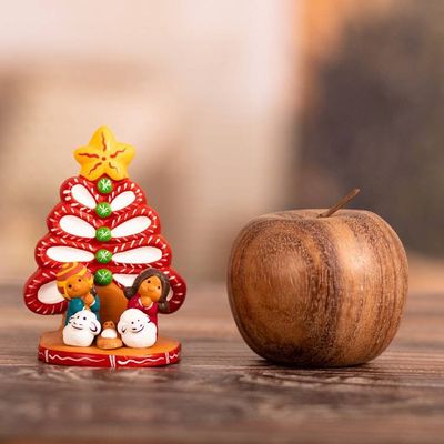 Alternate image for Hand-Painted Tree-Shaped Ceramic Nativity Scene in Red Miracle Beneath the Tree