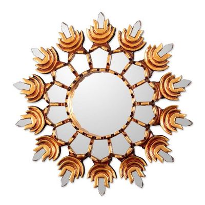 Alternate image for Sun-Themed Bronze-Gilded Antique-Finished Wood Wall Mirror Andean Sun