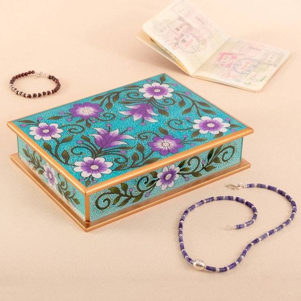Alternate image for Purple and Blue Reverse-Painted Glass Jewelry Box Margarita Bliss in Blue