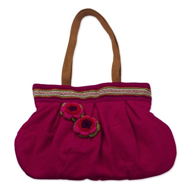 Alternate image for Flower Motif Alpaca Blend Fuchsia Shoulder Bag from Peru Fuchsia Floral Magic