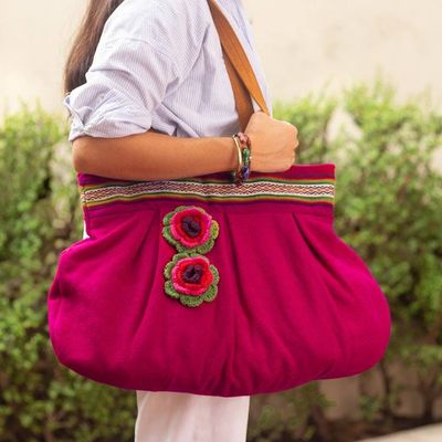 Alternate image for Flower Motif Alpaca Blend Fuchsia Shoulder Bag from Peru Fuchsia Floral Magic