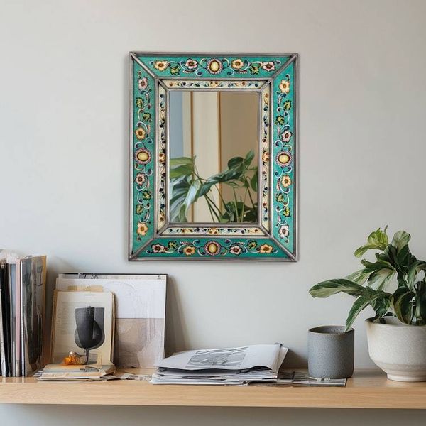 Alternate image for Spring-Themed Turquoise Reverse-Painted Glass Wall Mirror Turquoise Mirage