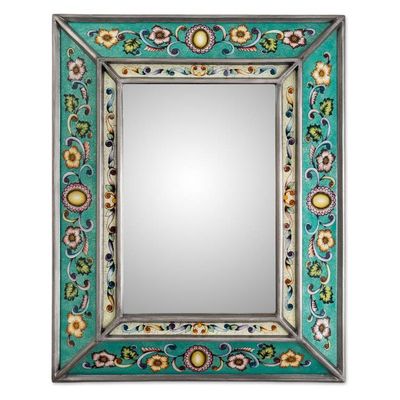 Alternate image for Spring-Themed Turquoise Reverse-Painted Glass Wall Mirror Turquoise Mirage