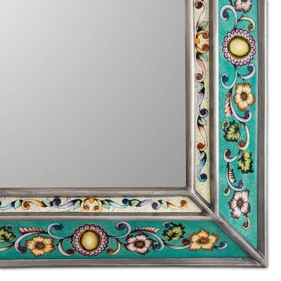 Alternate image for Spring-Themed Turquoise Reverse-Painted Glass Wall Mirror Turquoise Mirage