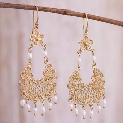 Primary image for 24k Gold Plated Cultured Pearl Filigree Chandelier Earrings Artisanal Gala