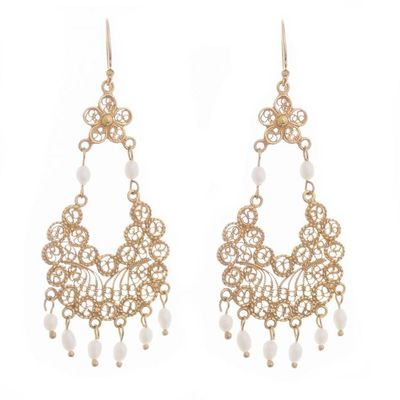 Alternate image for 24k Gold Plated Cultured Pearl Filigree Chandelier Earrings Artisanal Gala