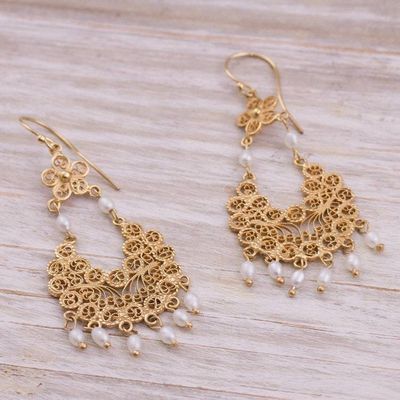 Alternate image for 24k Gold Plated Cultured Pearl Filigree Chandelier Earrings Artisanal Gala