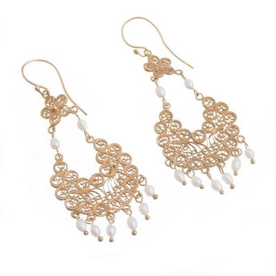 Alternate image for 24k Gold Plated Cultured Pearl Filigree Chandelier Earrings Artisanal Gala