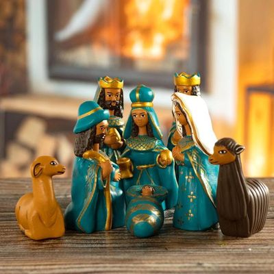Primary image for Handcrafted Ceramic Nativity Scene in Blue Set of 8 Arrival of Jesus