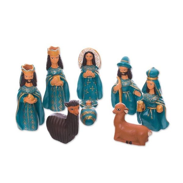Alternate image for Handcrafted Ceramic Nativity Scene in Blue Set of 8 Arrival of Jesus