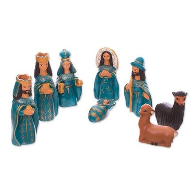 Alternate image for Handcrafted Ceramic Nativity Scene in Blue Set of 8 Arrival of Jesus