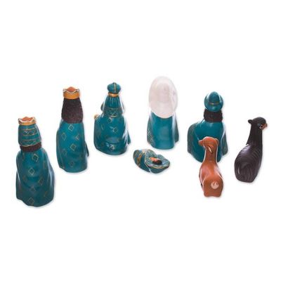 Alternate image for Handcrafted Ceramic Nativity Scene in Blue Set of 8 Arrival of Jesus