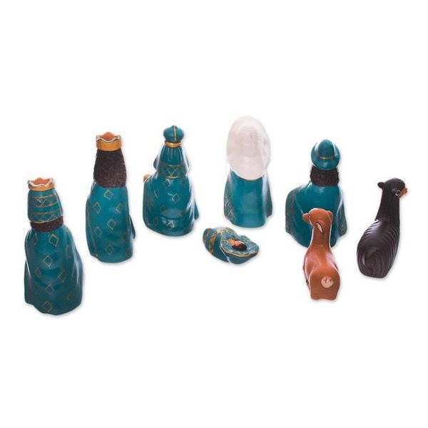 Alternate image for Handcrafted Ceramic Nativity Scene in Blue Set of 8 Arrival of Jesus