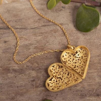 Alternate image for Handcrafted Heart Locket Necklace in 21k Gold Plate Closer to the Heart