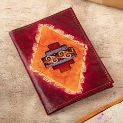 Image for Chakana-Themed Burgundy Leather Passport Cover from Peru Chakana Tapestry