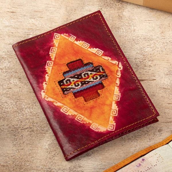 Alternate image for Chakana-Themed Burgundy Leather Passport Cover from Peru Chakana Tapestry