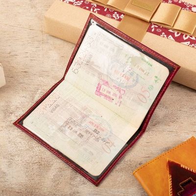 Alternate image for Chakana-Themed Burgundy Leather Passport Cover from Peru Chakana Tapestry