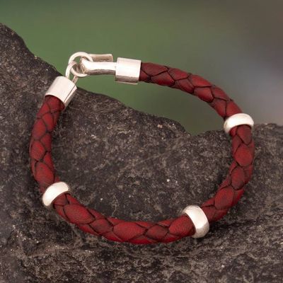Primary image for Handmade Mens Leather Braided Bracelet with Sterling Silver Bold Red