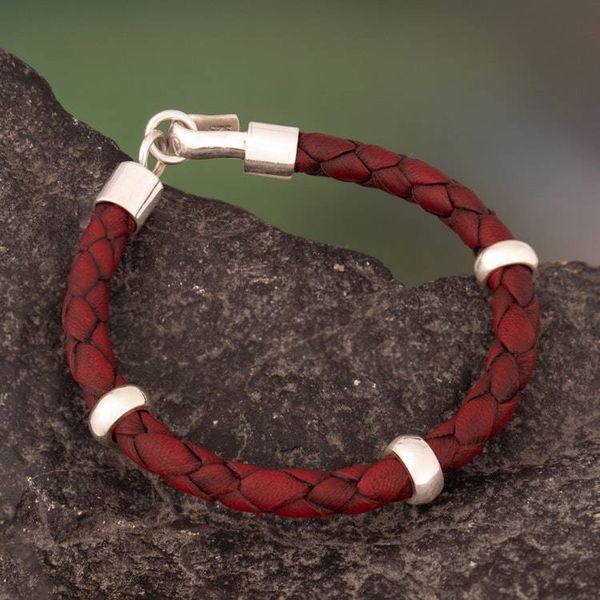 Alternate image for Handmade Mens Leather Braided Bracelet with Sterling Silver Bold Red