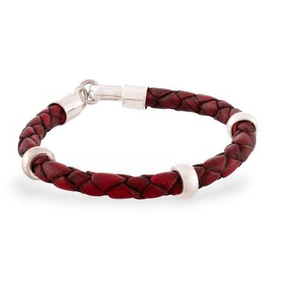 Alternate image for Handmade Mens Leather Braided Bracelet with Sterling Silver Bold Red