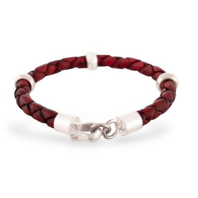 Alternate image for Handmade Mens Leather Braided Bracelet with Sterling Silver Bold Red