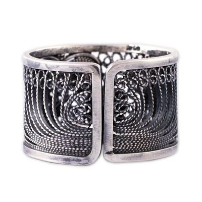 Alternate image for Handcrafted Oxidized Silver Filigree Ring Yin and Yang