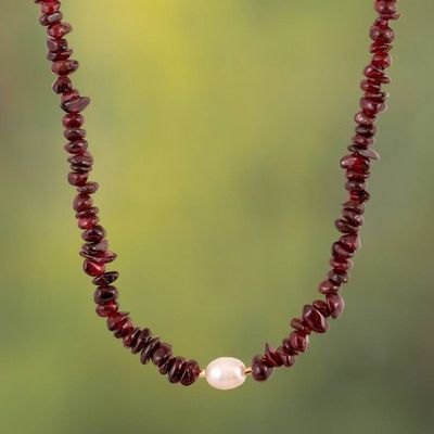 Primary image for Garnet and White Pearl Beaded Necklace with Golden Accents Passion Pearl