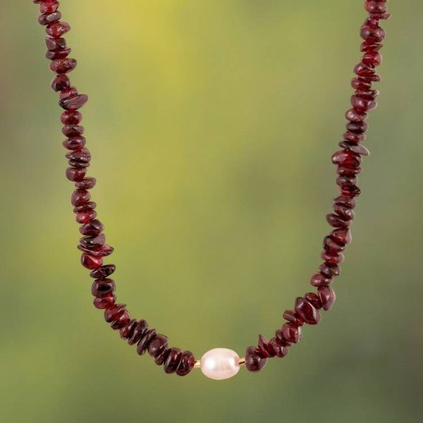 Alternate image for Garnet and White Pearl Beaded Necklace with Golden Accents Passion Pearl
