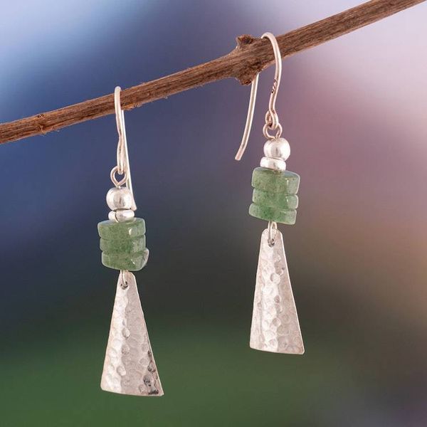 Alternate image for Pyramid-Inspired Hammered Aventurine Silver Dangle Earrings Pyramids of Inner Peace
