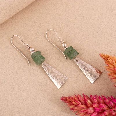 Alternate image for Pyramid-Inspired Hammered Aventurine Silver Dangle Earrings Pyramids of Inner Peace