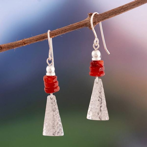 Alternate image for Modern Hammered Pyramid-Themed Agate Silver Dangle Earrings Pyramids of Energy