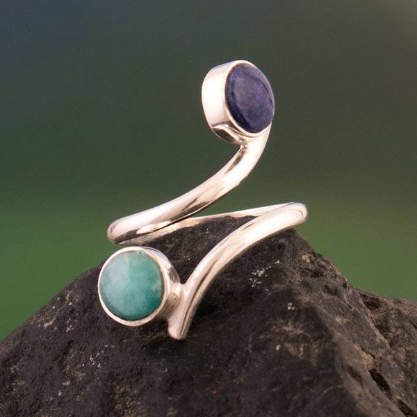 Alternate image for Modern Natural Amazonite and Sodalite Cabochon Wrap Ring Ocean Shores