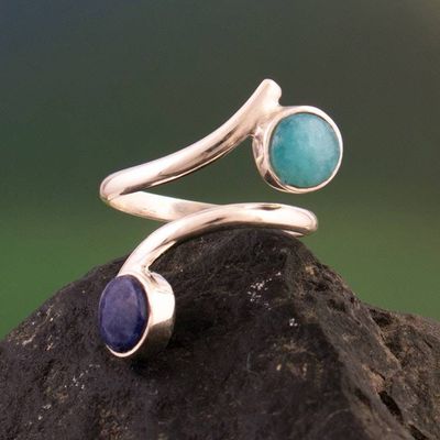 Alternate image for Modern Natural Amazonite and Sodalite Cabochon Wrap Ring Ocean Shores