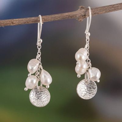 Primary image for Silver Dangle Earrings with Cultured Pearls Textured Accents Drops of the Sea