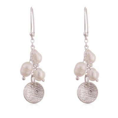 Alternate image for Silver Dangle Earrings with Cultured Pearls Textured Accents Drops of the Sea