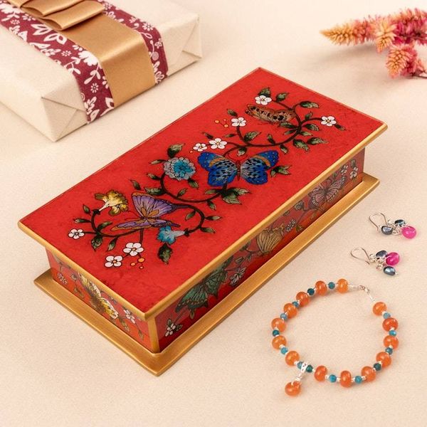 Alternate image for Red Butterfly-Themed Reverse-Painted Glass Box Butterflies on Scarlet