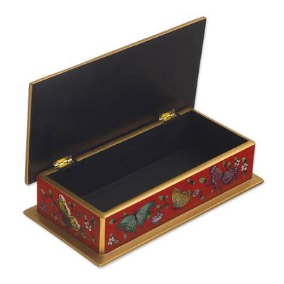 Alternate image for Red Butterfly-Themed Reverse-Painted Glass Box Butterflies on Scarlet