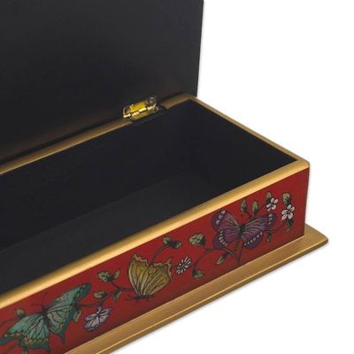 Alternate image for Red Butterfly-Themed Reverse-Painted Glass Box Butterflies on Scarlet