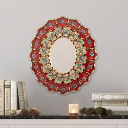Image for Red Floral Bronze-Gilded Reverse-Painted Glass Wall Mirror Flowery Arrangement