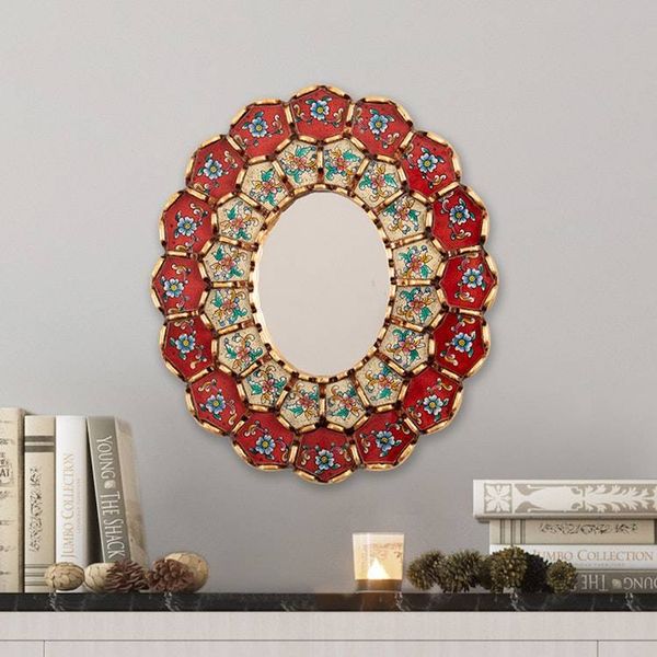 Alternate image for Red Floral Bronze-Gilded Reverse-Painted Glass Wall Mirror Flowery Arrangement
