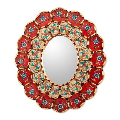 Alternate image for Red Floral Bronze-Gilded Reverse-Painted Glass Wall Mirror Flowery Arrangement