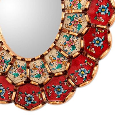 Alternate image for Red Floral Bronze-Gilded Reverse-Painted Glass Wall Mirror Flowery Arrangement