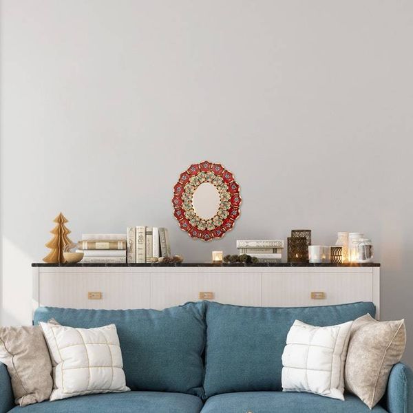 Alternate image for Red Floral Bronze-Gilded Reverse-Painted Glass Wall Mirror Flowery Arrangement